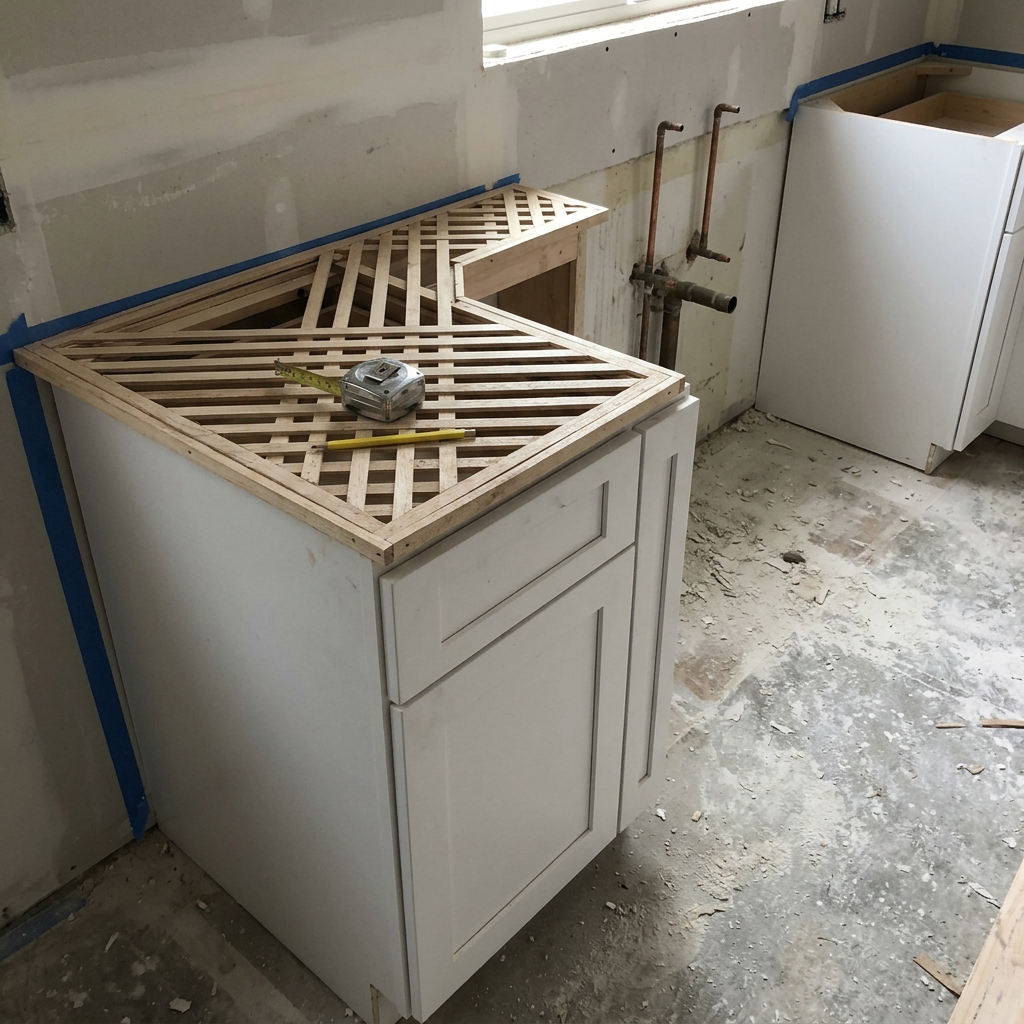 A craftsman setting a hand-built wooden template on top of kitchen cabinets